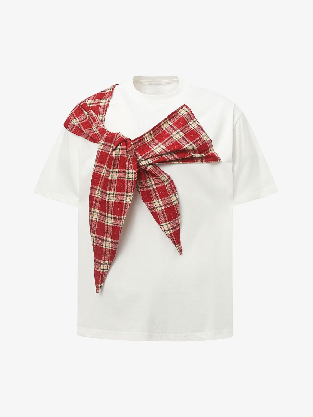 Plaid Scarf Crew Neck T-Shirt 