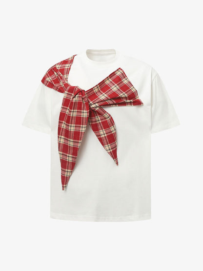 Plaid Scarf Crew Neck T-Shirt 