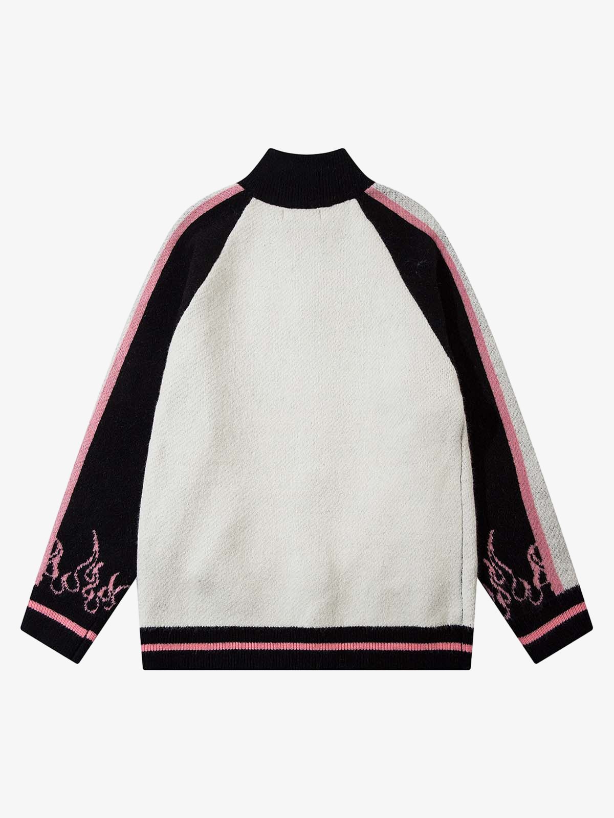 Thesupermade Contrast Color Jacquard Mock Neck Zipper Sweater 