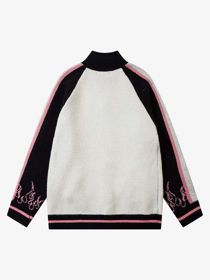 Thesupermade Contrast Color Jacquard Mock Neck Zipper Sweater 