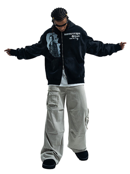 Washed Distressed Retro Portrait Print Double Zipper Hoodie 