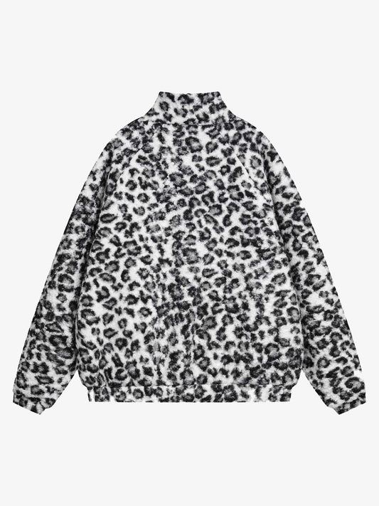 Stand Collar Cheetah Print Fleece Jacket 