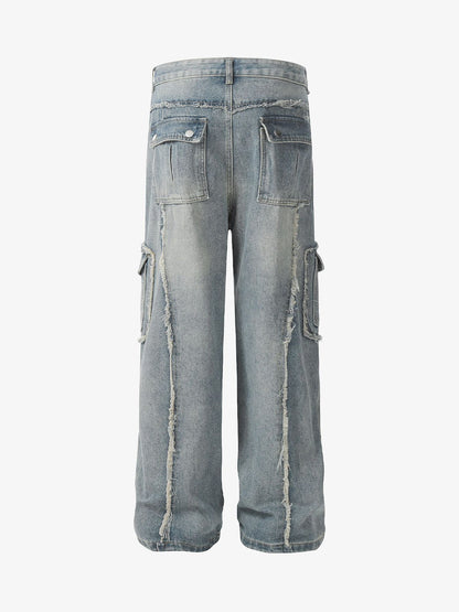 Thesupermade Detressed Raw Edge Multi-pocket Cargo Jeans 