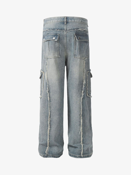 Thesupermade Detressed Raw Edge Multi-pocket Cargo Jeans 