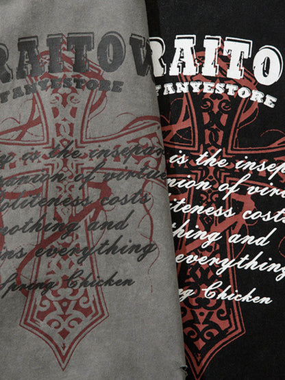 Distressed Ripped Graphic Cross Print Vest 