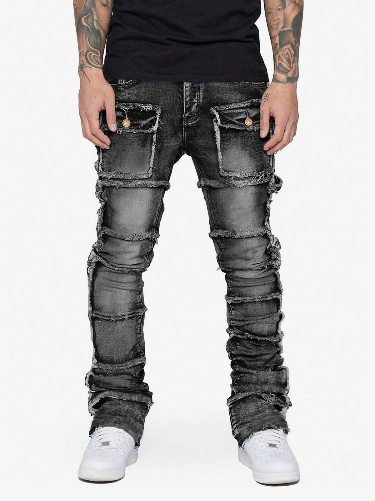Thesupermade Stretch Patch Layered Bootcut Stacked Jeans 