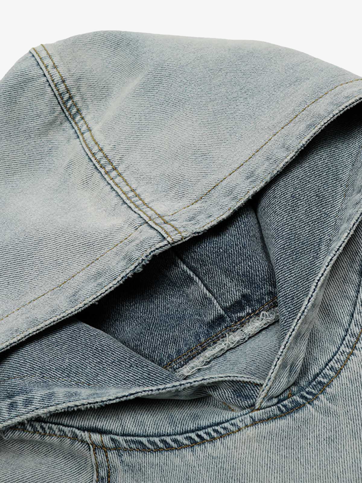 Embroidered Washed Distressed Denim Hoodie 