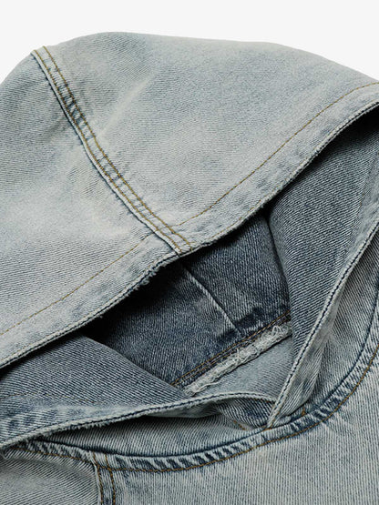Embroidered Washed Distressed Denim Hoodie 