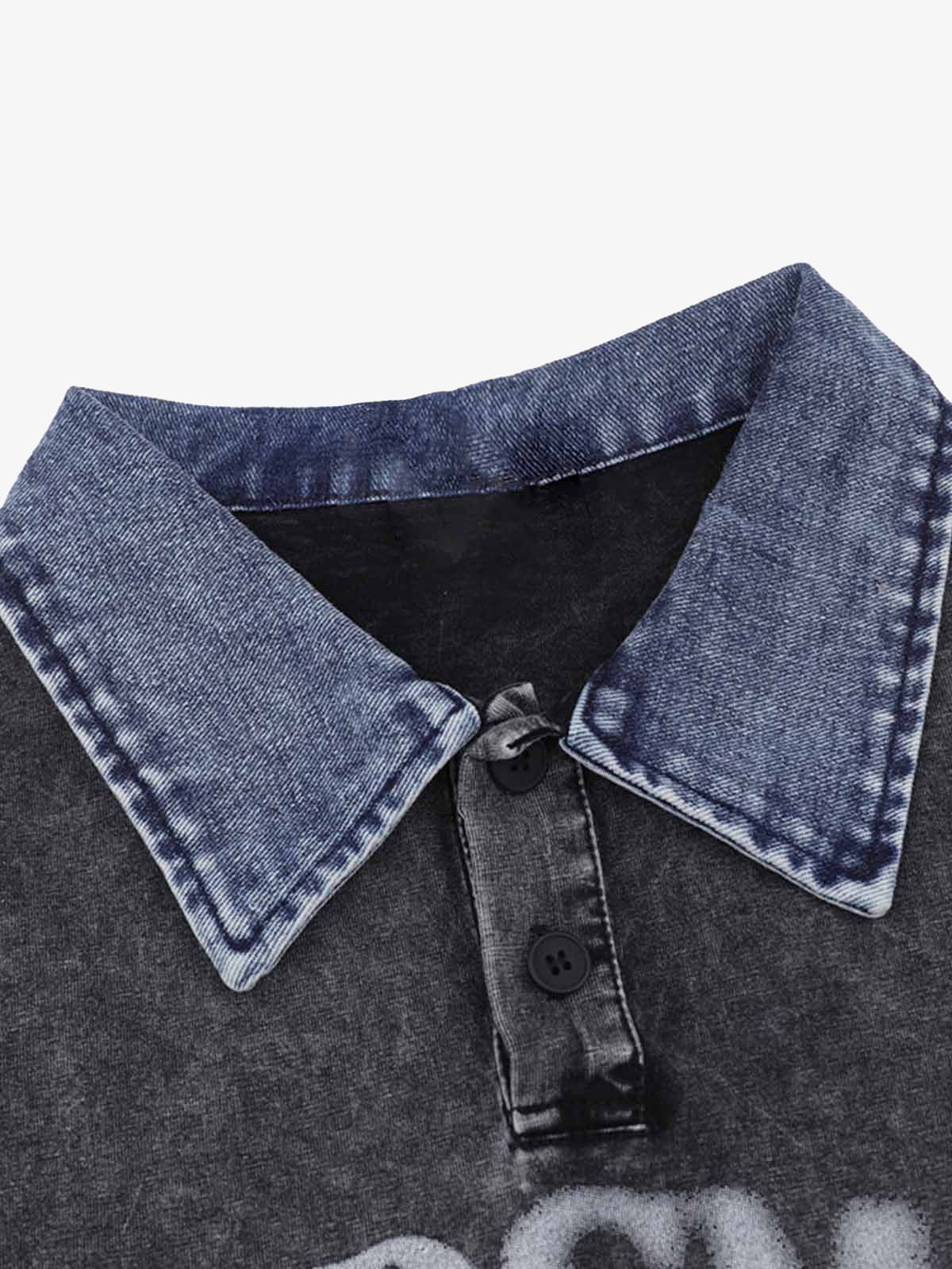 Distressed Embroidered Denim Collar Polo Shirt 