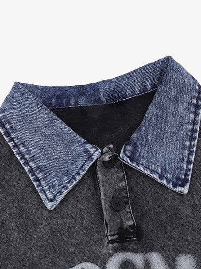 Distressed Embroidered Denim Collar Polo Shirt 