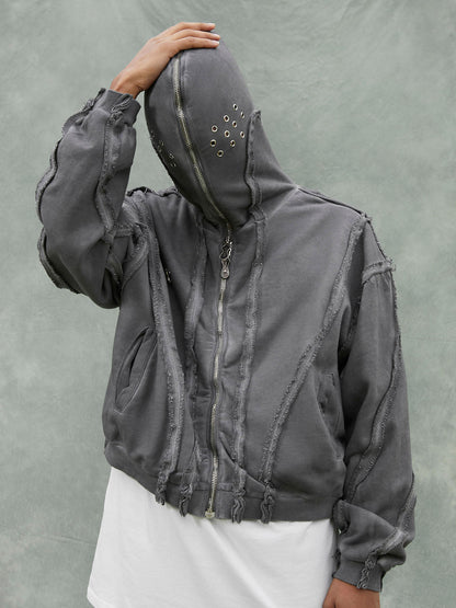 Thesupermade Heavy Washed Distressed Full Zip Hoodie - 2057 