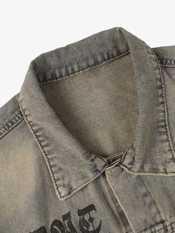 Washed Vintage Letter Print Denim Jacket 