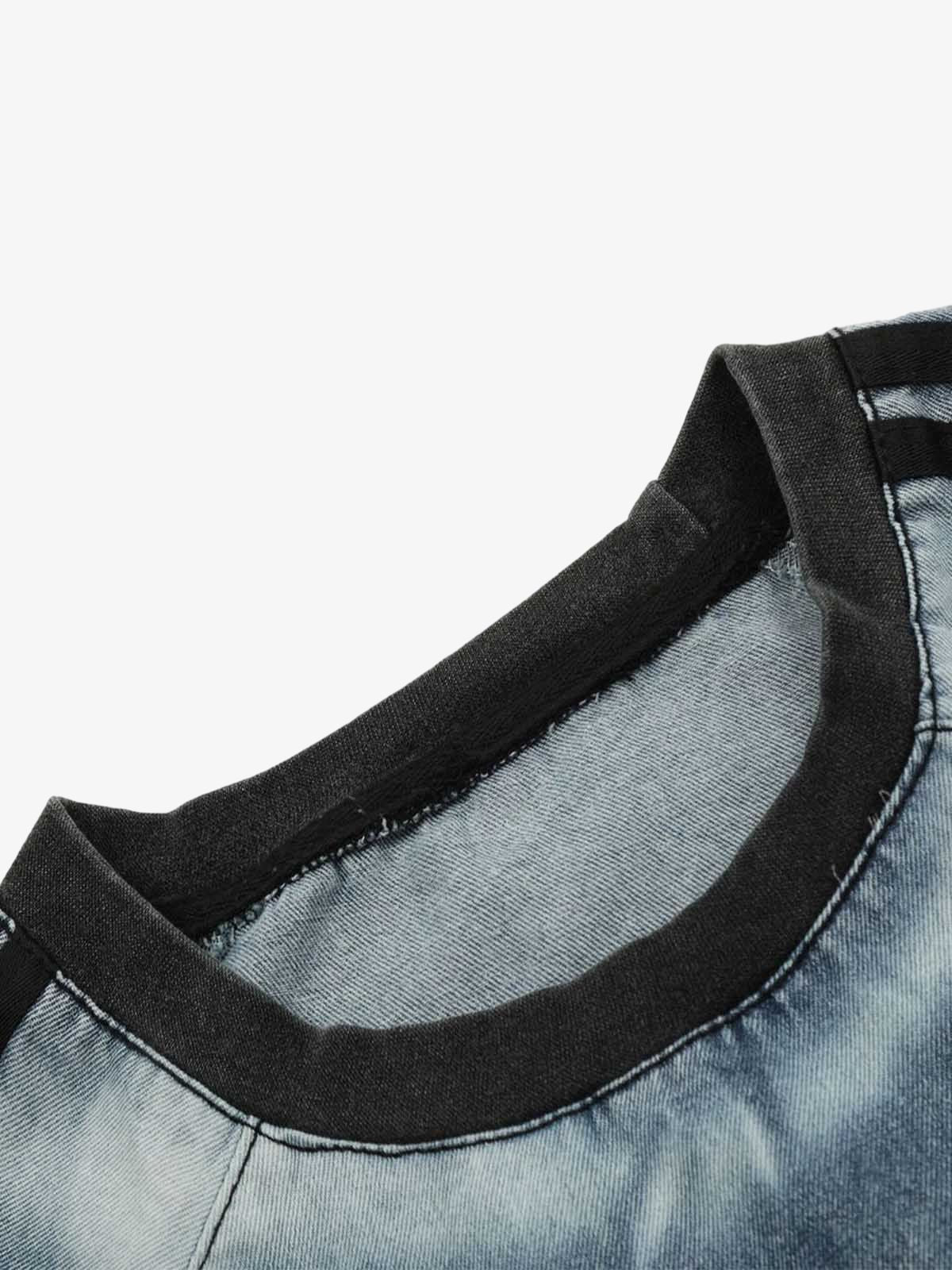 Retro Letter Embroidery Contrast Denim T-shirt 