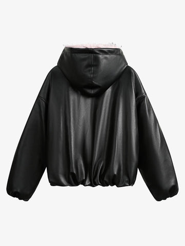 Leather Pink Fur Hooded Quilted Jacket - 2535 
