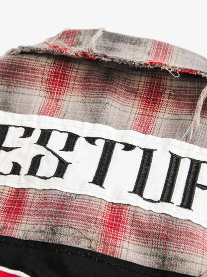 Distressed Patch Plaid Short-Sleeve Shirt 