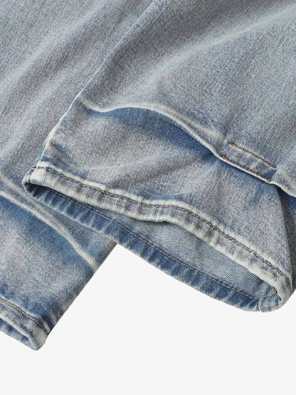 Distressed Washed Whisker Pleated Barrel Jeans 