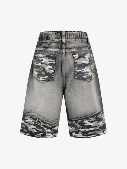 Distressed Camouflage Denim Shorts 