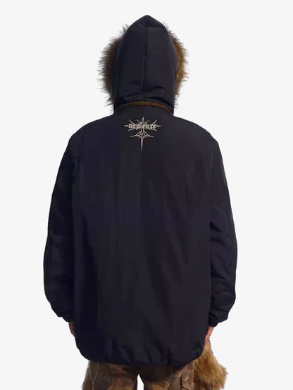Embroidered Fur Hooded Quilted Jacket 