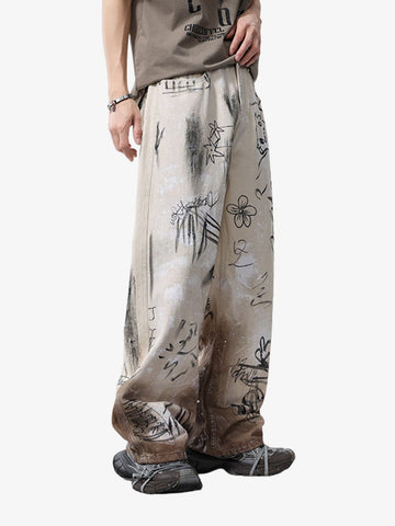 Distressed Washed Graffiti Baggy Jeans 