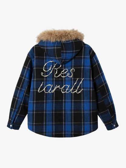 Thesupermade Beaded Fur Collar Padded Plaid Jacket 