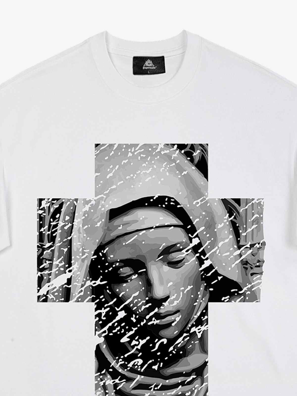 Original Retro Virgin Mary Mottled Cross Print T-Shirt 