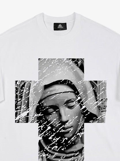 Original Retro Virgin Mary Mottled Cross Print T-Shirt 