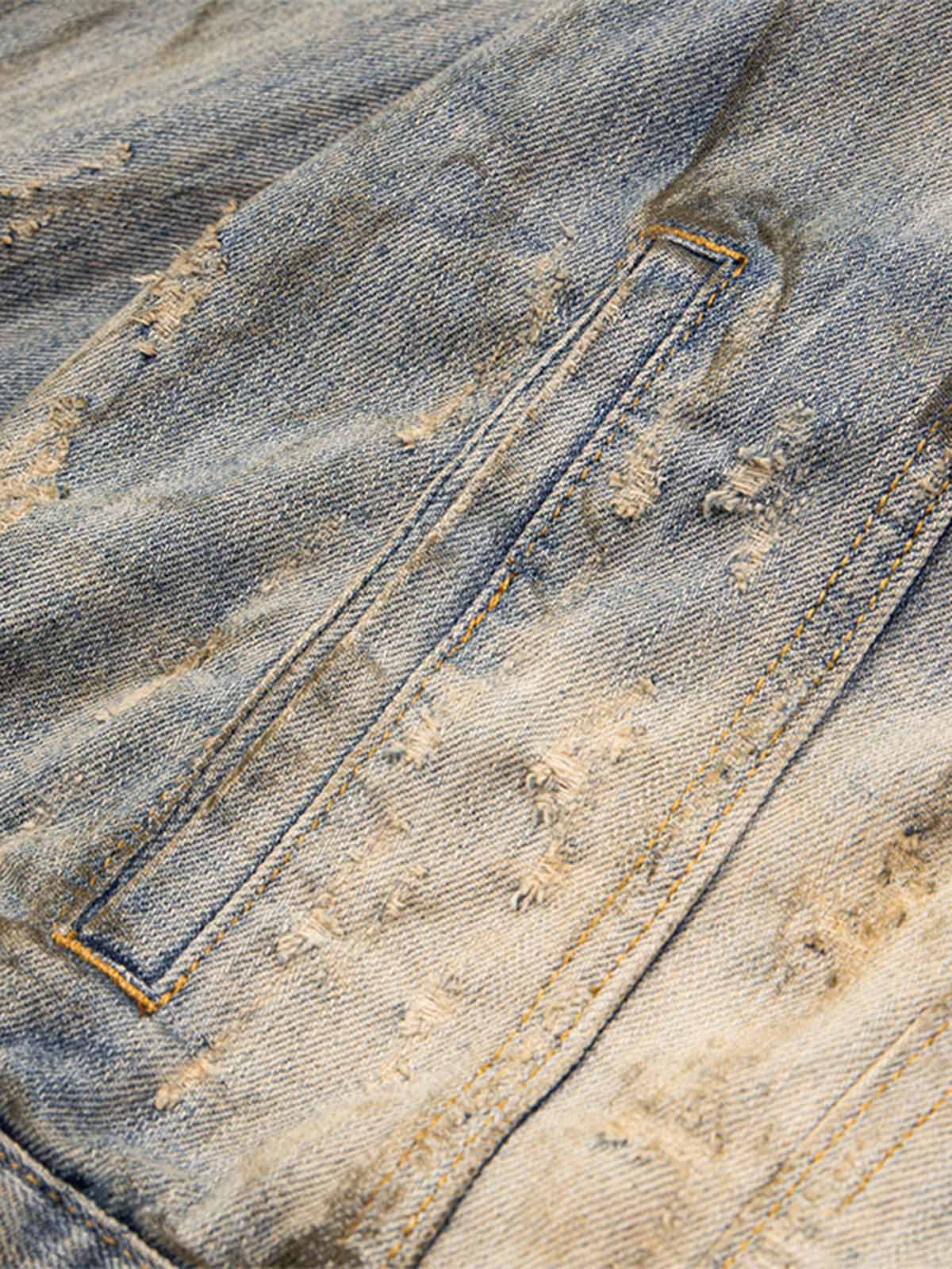 Mud-dyed Distressed Rhinestone Denim Jacket - 2336 