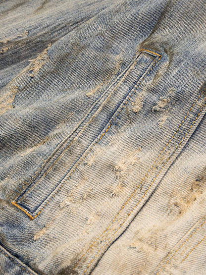 Mud-dyed Distressed Rhinestone Denim Jacket - 2336 