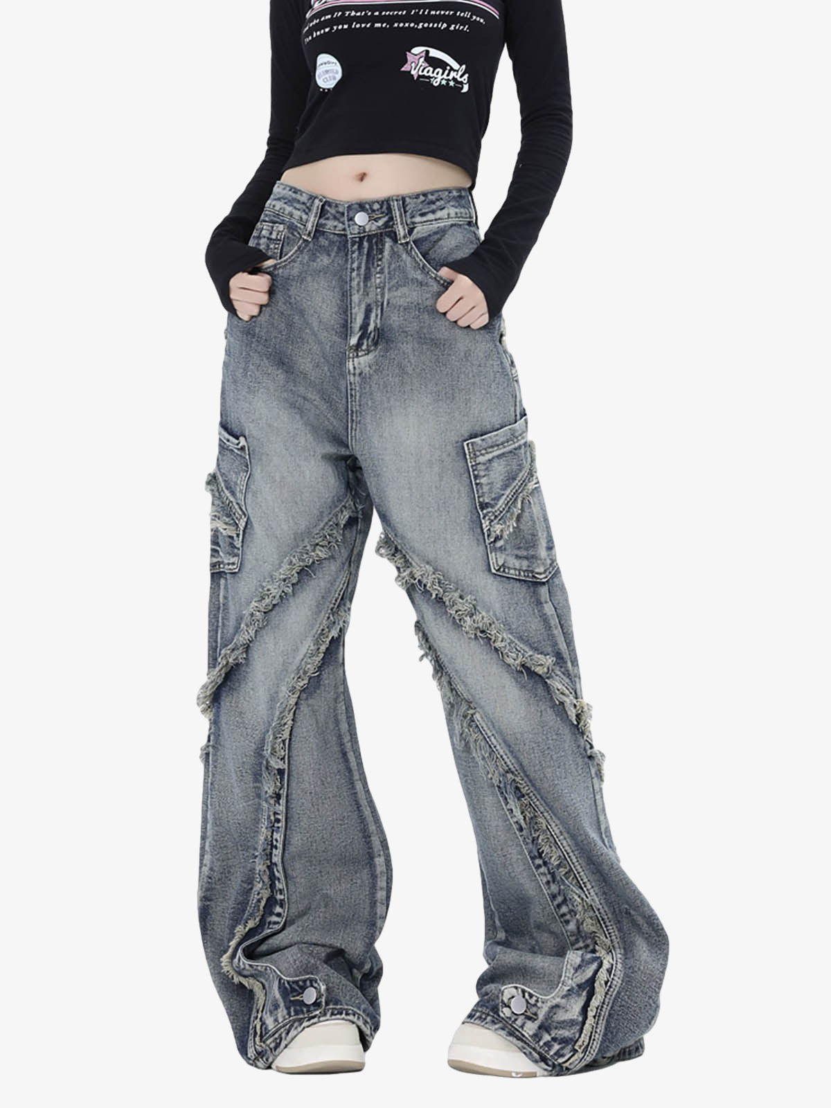 Thesupermade Washed Side Pocket Raw Edge Baggy Jeans - 2303 