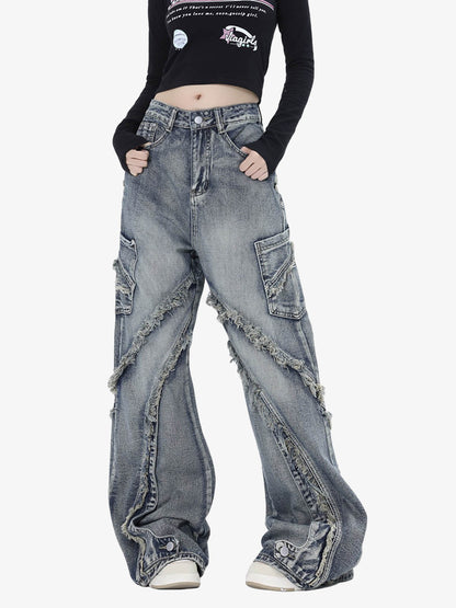 Thesupermade Washed Side Pocket Raw Edge Baggy Jeans - 2303 