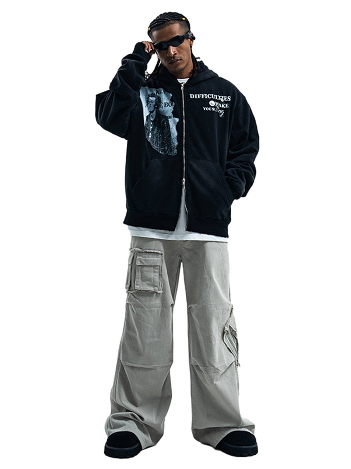 Washed Distressed Retro Portrait Print Double Zipper Hoodie 