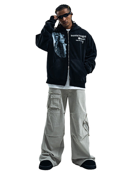 Washed Distressed Retro Portrait Print Double Zipper Hoodie 