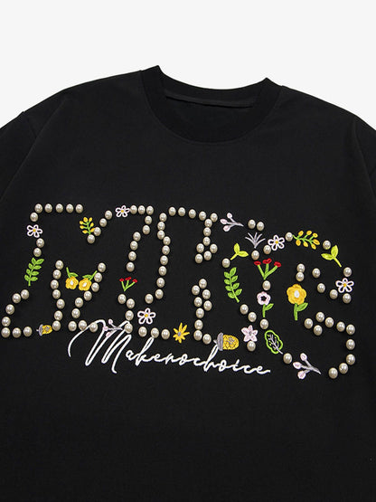 Oversized Embroidered Floral Letter T-Shirt 