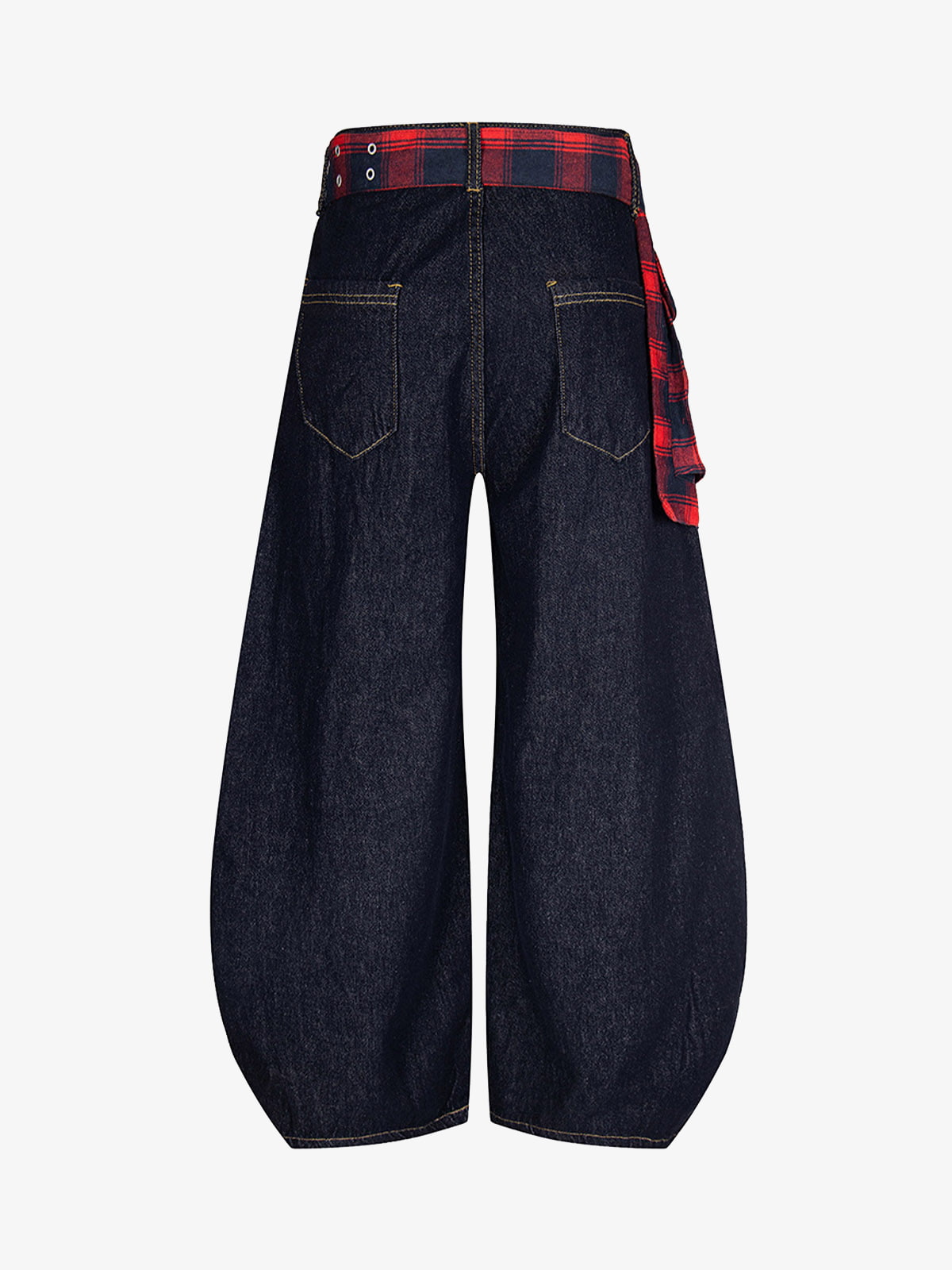 Washed Plaid Belt Barrel Jeans 