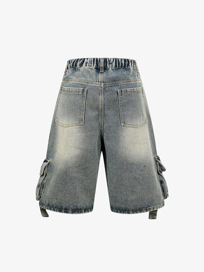 High-Waisted Multi-Pocket Denim Cargo Shorts 