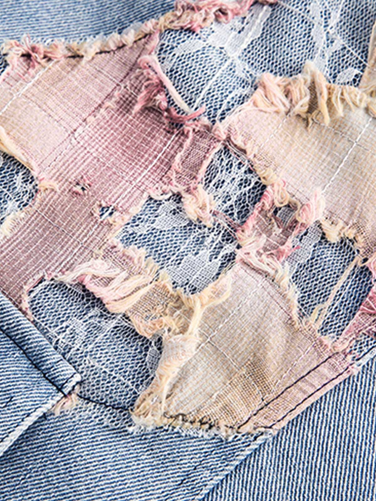 Thesupermade American Street Style Lace Patchwork Denim Jacket 