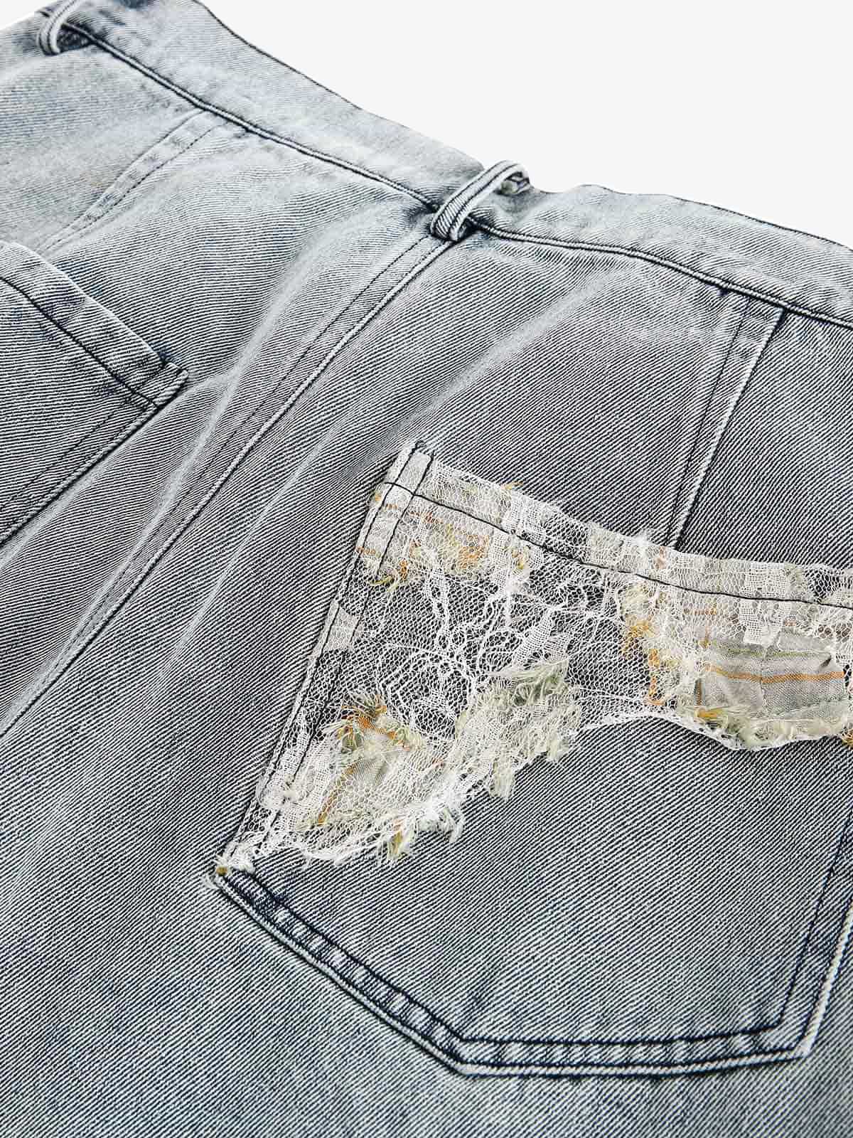 Ripped Lace Patchwork Straight Jeans 