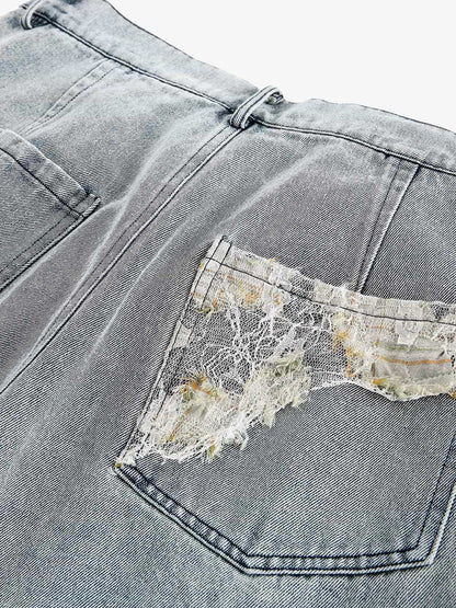 Ripped Lace Patchwork Straight Jeans 