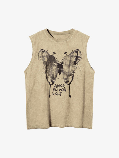 Thesupermade Washed Distressed Butterfly Print Vest 