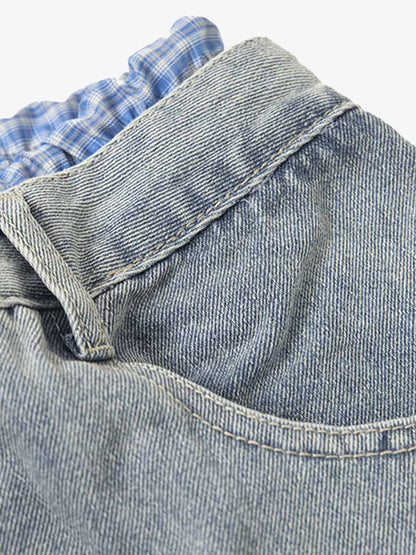 Plaid Double Waist Baggy Jeans - 2505 