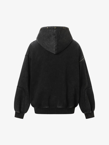 Street Washed Distressed Stitching Rivet Hooded Jacket 