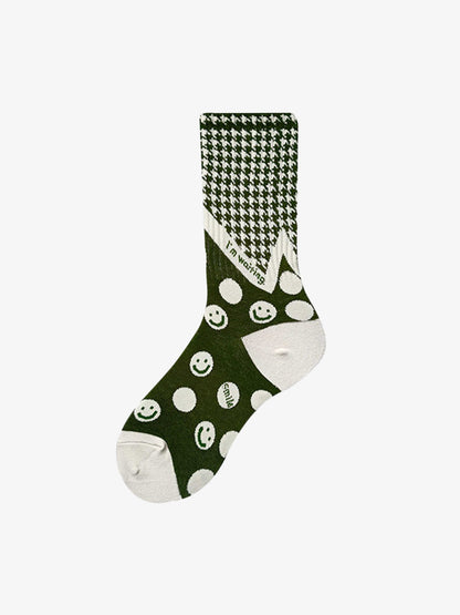 The Supermade Thousand Birds Check Smiley Face Mid-calf Cotton Socks 