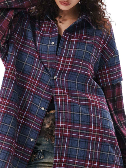 Retro Faux Two-Piece Plaid Shirt 