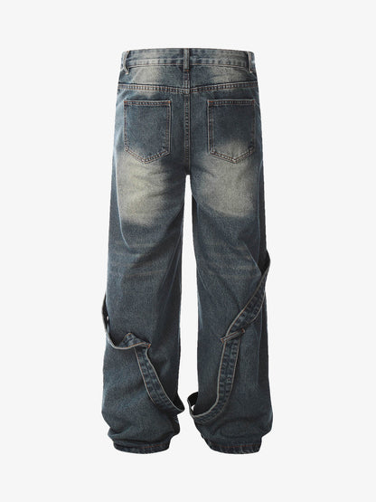 Washed Distressed Deconstructed Split Work Jeans 