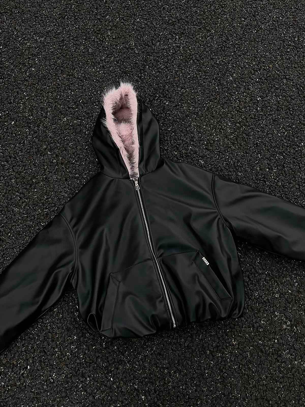 Leather Pink Fur Hooded Quilted Jacket 