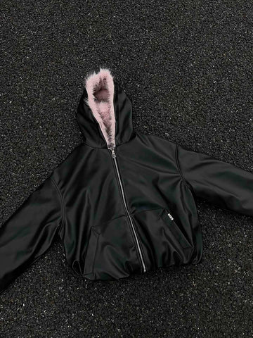 Leather Pink Fur Hooded Quilted Jacket - 2535 
