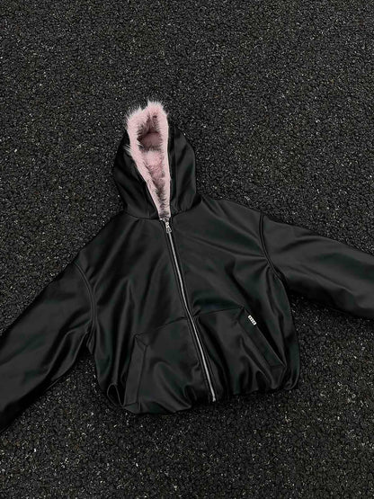 Leather Pink Fur Hooded Quilted Jacket 