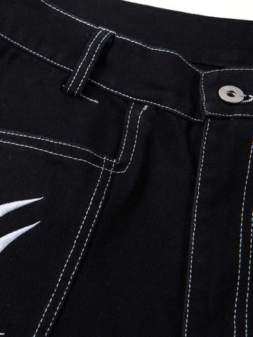 Deconstructed Contrast Embroidered Baggy Jeans - 2330 