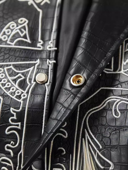 Gothic Cross Embroidery Crocodile Leather Bomber Jacket 