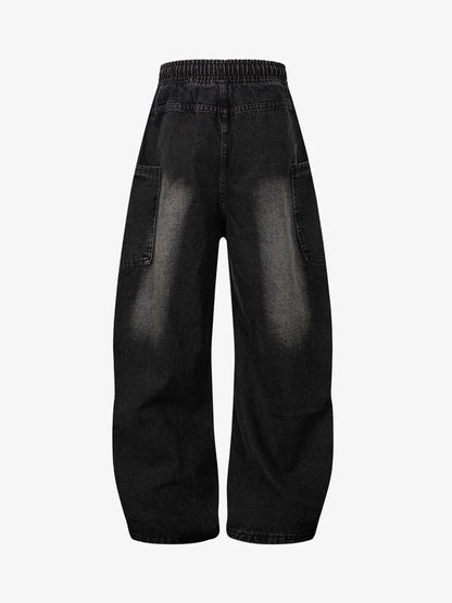 Washed Distressed Split Drawstring Barrel Jeans 